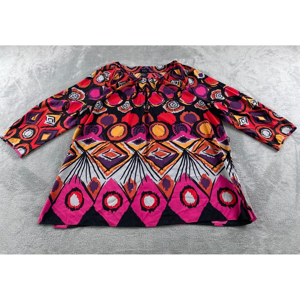 R.Q.T. Women XL Pink Orange Geometric Abstract Print 3/4 Sleeve Pleated Blouse